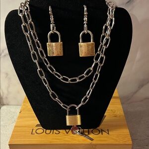 Gold and Silver Lock Necklace and Earring Set